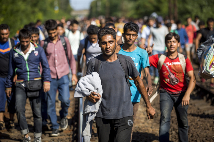Migrants walk on the railway tracks in Bicske, Hungary, near the Austrian border Sept. 4. (CNS/Balazs Mohai, Reuters)