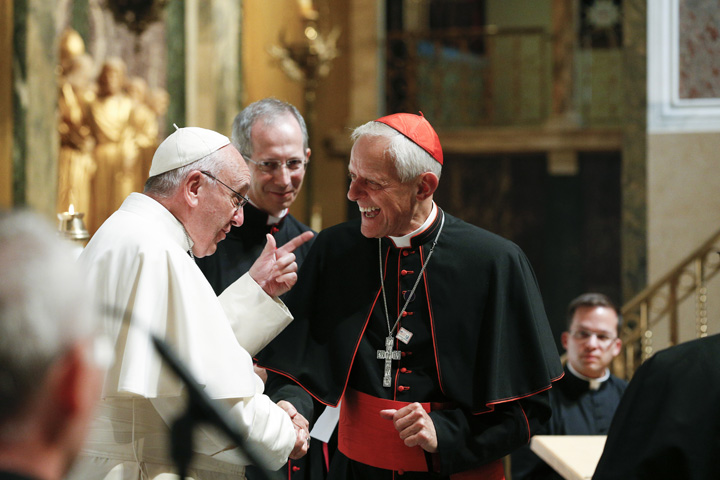 Pope Francis greets Washington Cardinal Donald Wuerl of Washington as the pope meets with U.S. bishops in the Cathedral of St. Matthew the Apostle in Washington Sept. 23. (CNS/Paul Haring)