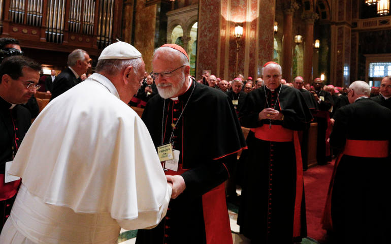 Cardinal Sean P. O'Malley of Boston meets with Pope Francis during a meeting with U.S. bishops at the Cathedral of St. Matthew the Apostle in Washington Sept. 23. O'Malley recently signed the Catholic Climate Petition, an effort endorsed by Francis that seeks world leaders to take steps to address climate change.  (CNS photo/Paul Haring)