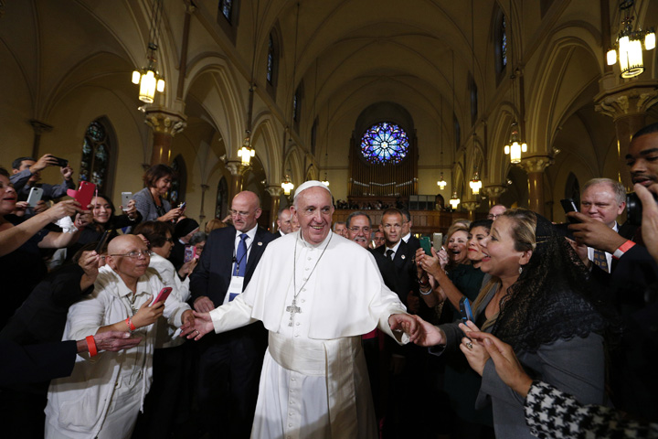 Pope Francis arrives to give a talk at St. Patrick in the City Church in Washington Sept. 24. (CNS photo/Paul Haring)