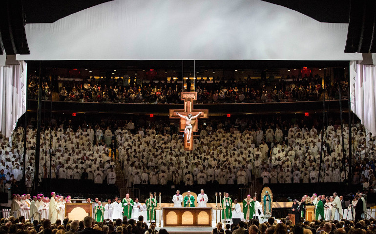 Pope Francis celebrates Mass at Madison Square Garden in New York Sept. 25, day four of his six-day visit to the United States. (CNS/Andrew Burton, pool)