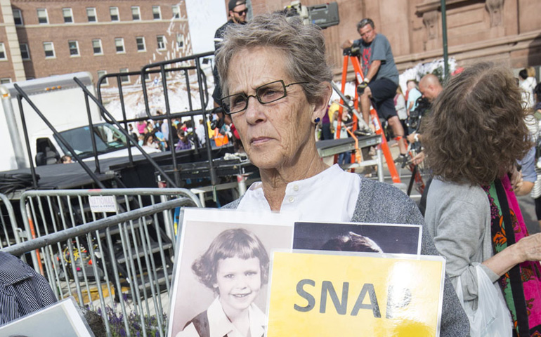 Barbara Dorris participates in a Survivors Network of those Abused by Priests demonstration in front of the Cathedral Basilica of Sts. Peter and Paul in Philadelphia, Sept. 25, 2015. (CNS/Joshua Roberts)