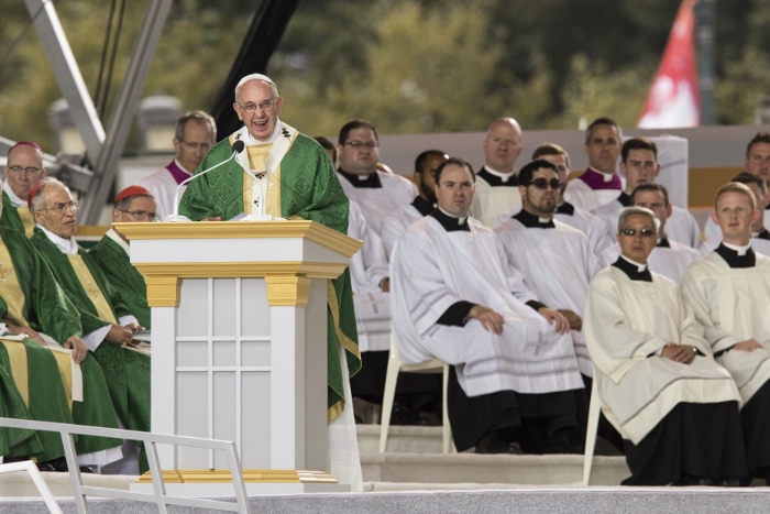All men: Pope Francis delivers his homily during the closing Mass of the World Meeting of Families on Benjamin Franklin Parkway in Philadelphia Sept. 27. (CNS photo/Lisa Johnston, St. Louis Review)