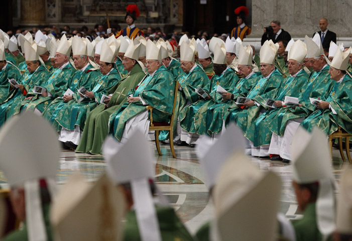 Prelates attend the opening Mass of the Synod of Bishops on the family celebrated by Pope Francis in St. Peter's Basilica at the Vatican Oct. 4. (CNS/Paul Haring)