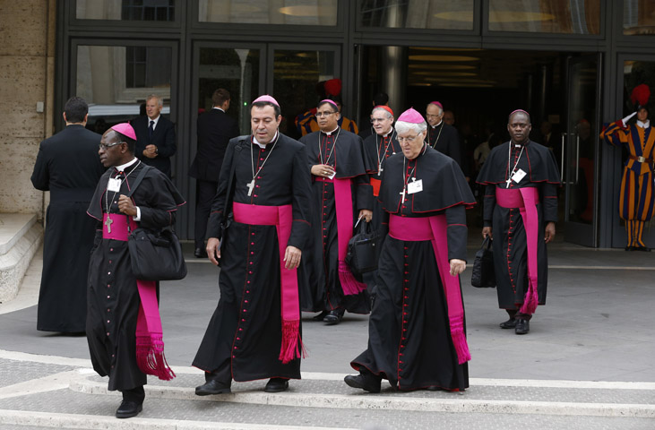 Bishops leave a session of the Synod of Bishops on the family at the Vatican Oct. 9. (CNS/Paul Haring)