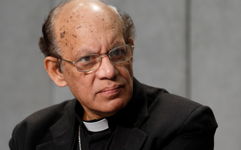 Cardinal Oswald Gracias of Mumbai, India, attends a Vatican news conference held to sign a document appealing for action on climate change in October 2015. (CNS/Paul Haring)