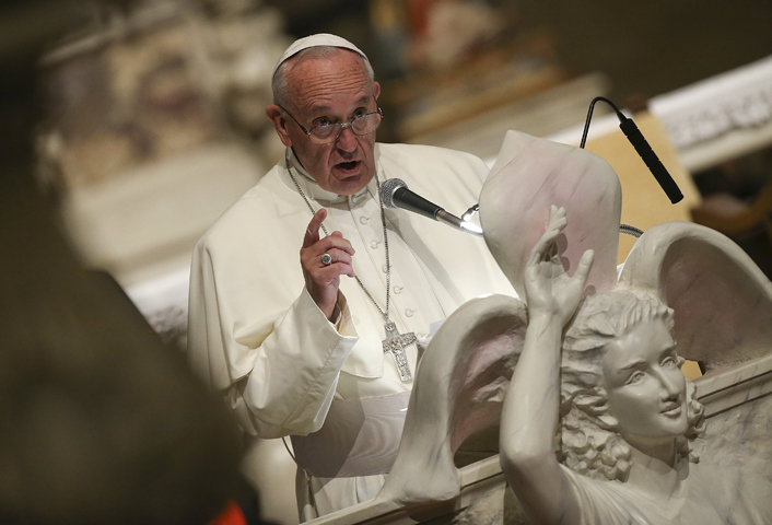 Pope Francis gestures during a meeting with bishops Nov. 10 in the Duomo, the Cathedral of Santa Maria del Fiore in Florence, Italy. (CNS/Alessandro Bianchi, Reuters)