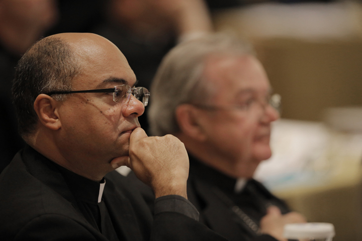 Bishop Shelton J. Fabre of Houma-Thibodaux, La., listens to a speaker Nov. 16 during the opening of the 2015 fall general assembly of the U.S. Conference of Catholic Bishops in Baltimore. (CNS/Bob Roller)