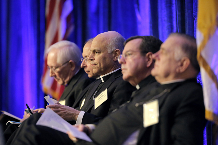 Members of the working group for the Faithful Citizenship document are seen Nov. 17 during the 2015 fall general assembly of the U.S. Conference of Catholic Bishops in Baltimore. Pictured are Archbishop Leonard P. Blair of Hartford, Conn.; Baltimore Archbishop William E. Lori; San Francisco Archbishop Salvatore J. Cordileone; Detroit Archbishop Allen H. Vigneron and Archbishop Thomas G. Wenski of Miami. (CNS/Bob Roller) 