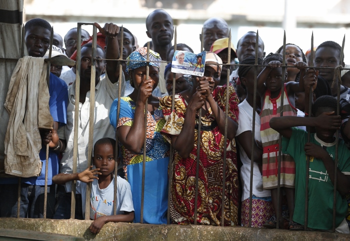 Pope Francis meets with the Muslim community at the Koudoukou mosque in Bangui, Central African Republic, Nov. 30.