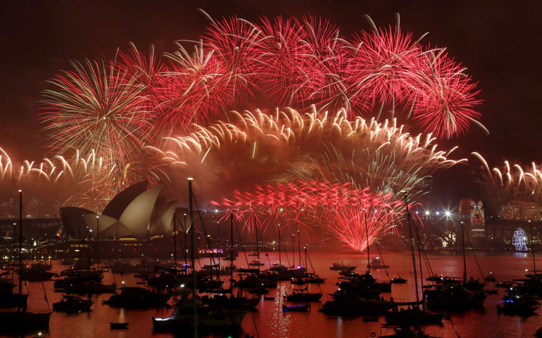 Fireworks explode over the Sydney Opera House Jan. 1 to usher in the New Year in Australia. (CNS/Jason Reed, Reuters)