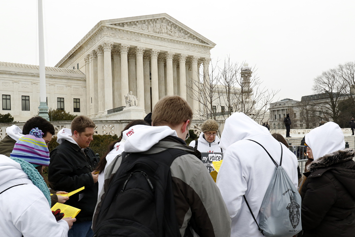 Members of the campus ministries of the Diocese of Ogdensburg, N.Y., at the March for Life in front of the Supreme Court Jan. 22. (CNS/Gregory A. Shemitz)