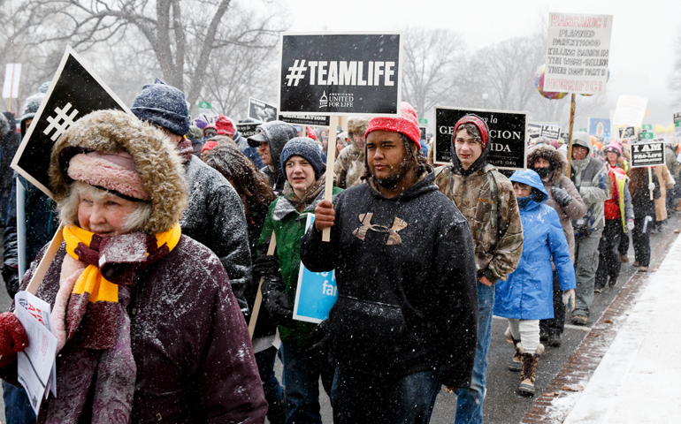 Pro-life supporters walk in the snowfall up Constitution during the March for Life Jan. 22. (CNS/Gregory L. Tracy, The Pilot) 
