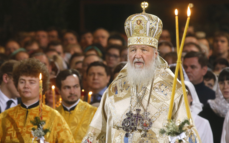 Russian Orthodox Patriarch Kirill reads a payer during the Christmas service Jan. 7 in Moscow. (CNS/Sergei Chirikov, EPA)