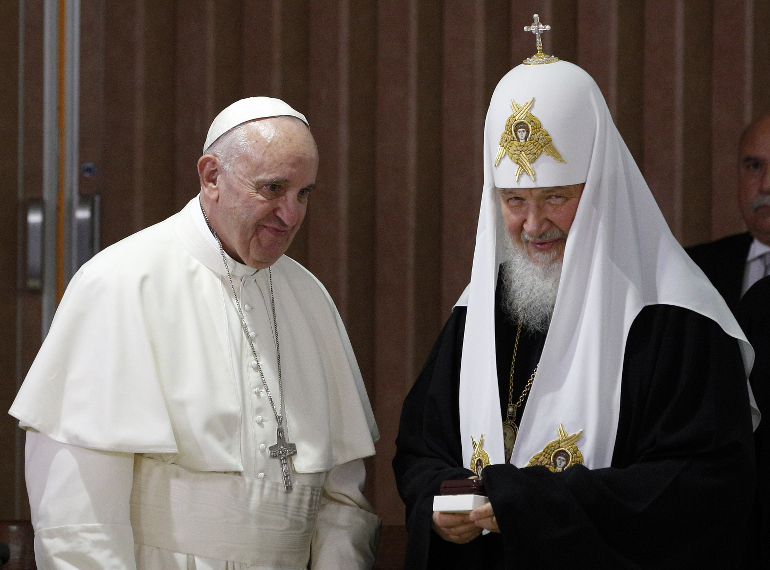 Russian Orthodox Patriarch Kirill of Moscow and Pope Francis meet at Jose Marti International Airport in Havana Feb. 12.  (CNS photo/Paul Haring)