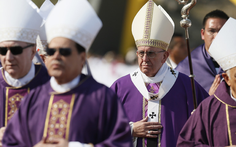 Pope Francis arrives to celebrate Mass with priests and religious at a stadium in Morelia, Mexico, Feb. 16. (CNS/Paul Haring)