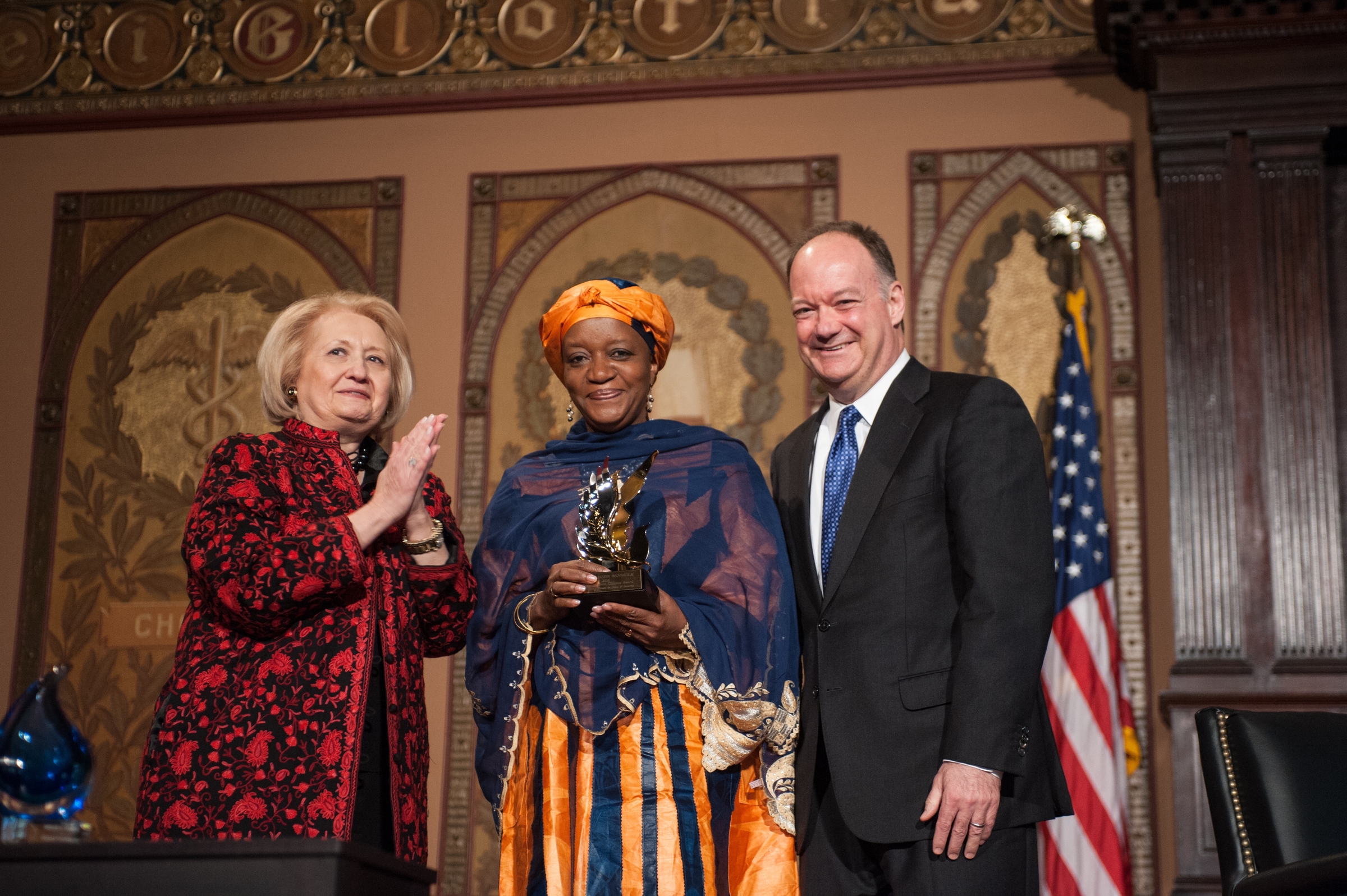 From left: Melanne Verveer, executive director of the Georgetown Institute for Women, Peace and Security, Zainab Hawa Bangura, a U.N. special advisor, and Georgetown University president John DeGioia (Leslie E. Kossoff/Georgetown University)