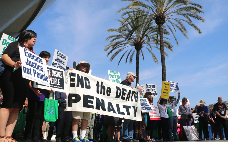 People gather in Anaheim, Calif., for a demonstration against the death penalty Feb. 27 as part of the Los Angeles Religious Education Congress. (CNS/J.D. Long-Garcia, The Tidings)