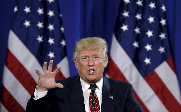 Presumptive U.S. Republican presidential nominee Donald Trump speaks at a campaign rally in Cadillac, Mich., March 4. (CNS photo/Jim Young, Reuters)