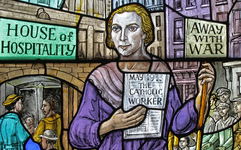 Dorothy Day, co-founder of the Catholic Worker Movement and its newspaper, The Catholic Worker, is depicted in a stained-glass window at Our Lady of Lourdes Church in the Staten Island borough of New York. (CNS/Gregory A. Shemitz)