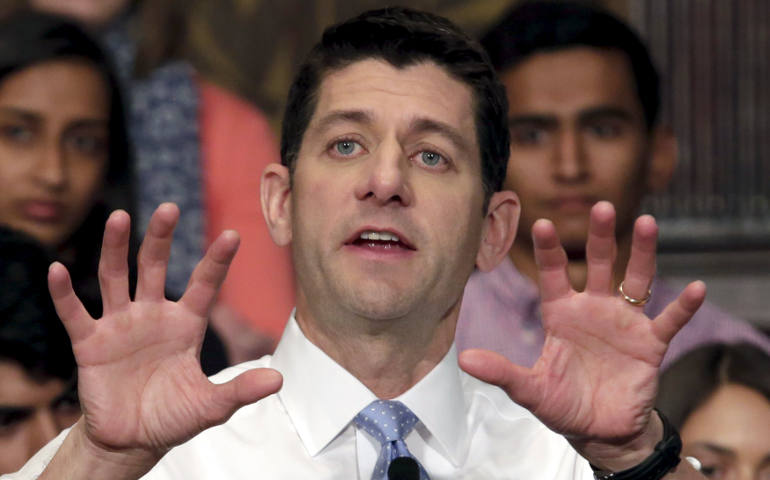 U.S. House Speaker Paul Ryan, R-Wis., gestures as he speaks at a town hall meeting with millennials April 27 at Georgetown University's Institute of Politics and Public Service in Washington. (CNS photo/Yuri Gripas, Reuters)