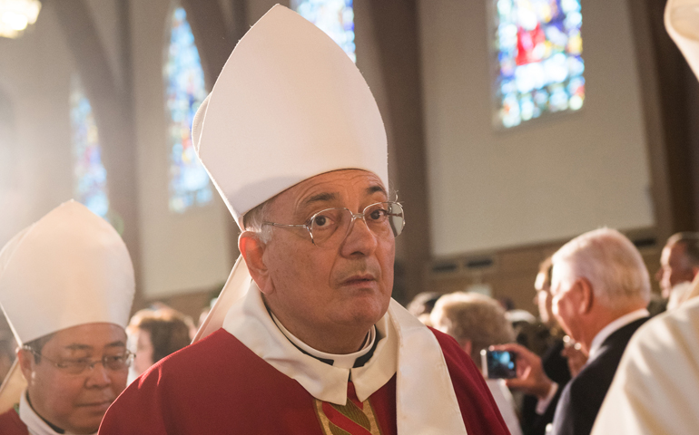 Bishop Nicholas DiMarzio of Brooklyn, N.Y., processes in during the episcopal ordination and installation of Bishop James Checchio as bishop of Metuchen, N.J., May 3 at Sacred Heart Church in South Plainfield, N.J. (CNS/Michael Ehrmann)