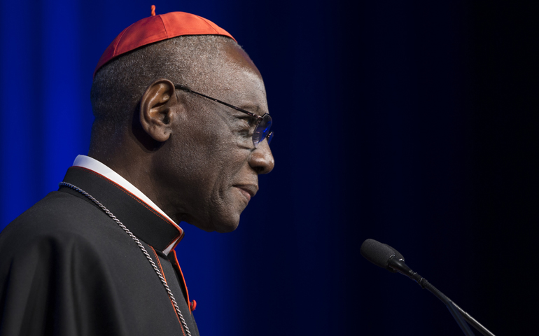 Cardinal Robert Sarah, prefect of the Congregation for Divine Worship and the Sacraments, smiles while speaking at the National Catholic Prayer Breakfast May 17 in Washington. (CNS/Bob Roller)