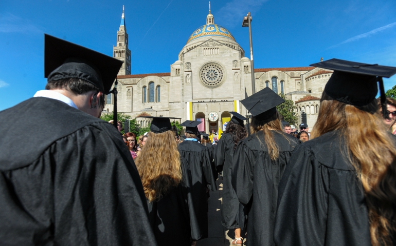 Graduates line up outside the Basilica of the National Shrine of the Immaculate Conception in Washington during the Catholic University of America's May 2016 commencement. (CNS/CUA/Dana Rene Bowler)