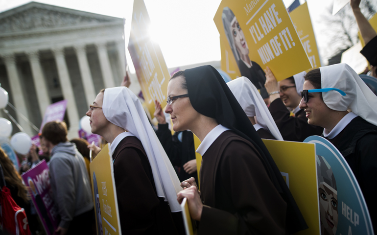 Women religious demonstrate against the Affordable Care Act's contraceptive mandate March 23 outside the U.S. Supreme Court in Washington. (CNS/Jim Lo Scalzo, EPA)