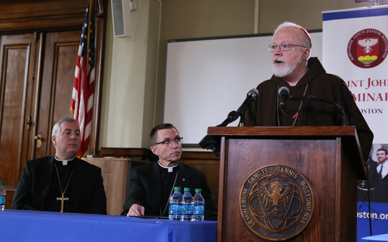 Boston Cardinal Sean O'Malley introduces Bishops-designate Mark O'Connell and Robert Reed at a June 3 news conference at Boston's St. John's Seminary. (CNS/Gregory L. Tracy, The Pilot)
