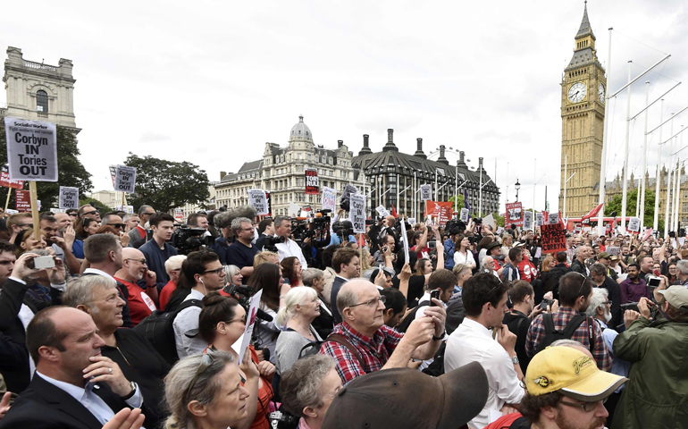 Supporters of the opposition Labor party leader Jeremy Corbyn demonstrate in London's Parliament Square. (CNS/Toby Melville, Reuters)