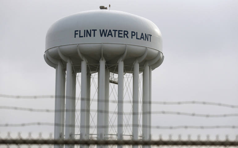 The top of the Flint Water Plant tower is seen in early February in Michigan. According to a report issued June 28 by the Natural Resources Defense Council, an estimated 18 million Americans are at risk of drinking lead-tainted water yet do not know it. (CNS photo/Rebecca Cook, Reuters)