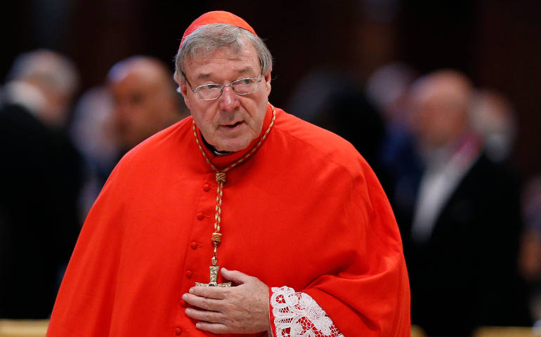 Australian Cardinal George Pell, prefect of the Vatican Secretariat for the Economy, arrives for the closing Mass of the Synod of Bishops on the family in St. Peter's Basilica at the Vatican in this Oct. 25, 2015, file photo. (CNS photo/Paul Haring)