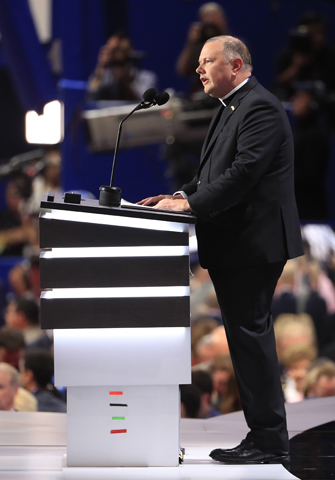 Msgr. Kieran Harrington, vicar of communications for the Brooklyn, New York, diocese, delivers the invocation July 18 during the first day of the 2016 Republican National Convention in Cleveland. (CNS/Tannen Maury, EPA)
