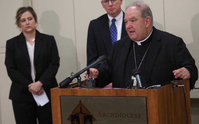 Archbishop Bernard Hebda of St. Paul and Minneapolis addresses the media at a news conference July 20.