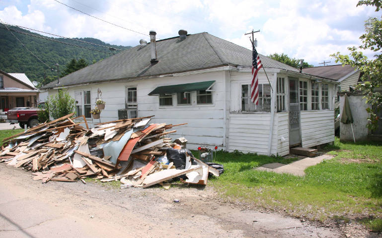 Debris collected after the June 23 flooding is seen in Richwood, W.Va., July 19. (CNS photo/Colleen Rowan)