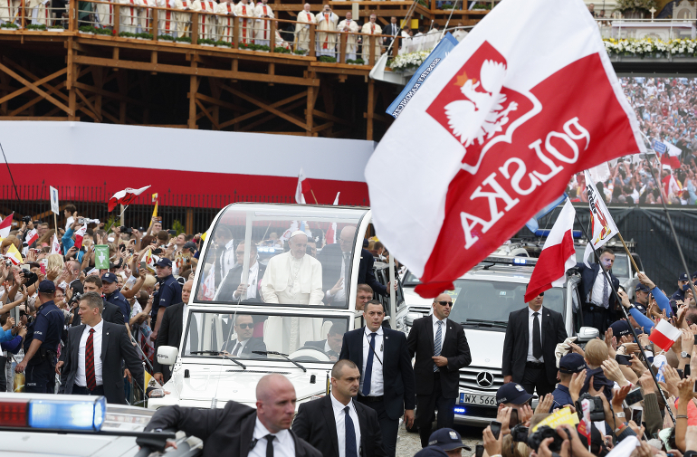 Pope Francis greets people from the popemobile in Czestochowa, Poland July 28. (CNS photo/Paul Haring)
