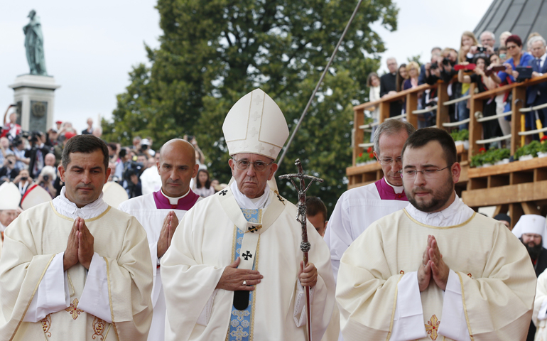 Pope Francis arrives in procession to celebrate Mass to mark the 1,050th anniversary of the baptism of Poland near the Jasna Gora Monastery in Czestochowa, Poland, July 28. (CNS/Paul Haring)