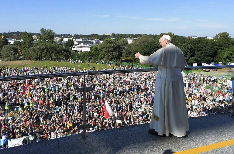 Pope Francis greets the crowd as he visits the Divine Mercy Shrine in Lagiewniki, a suburb of Krakow, Poland, July 30. (CNS photo/Paul Haring)