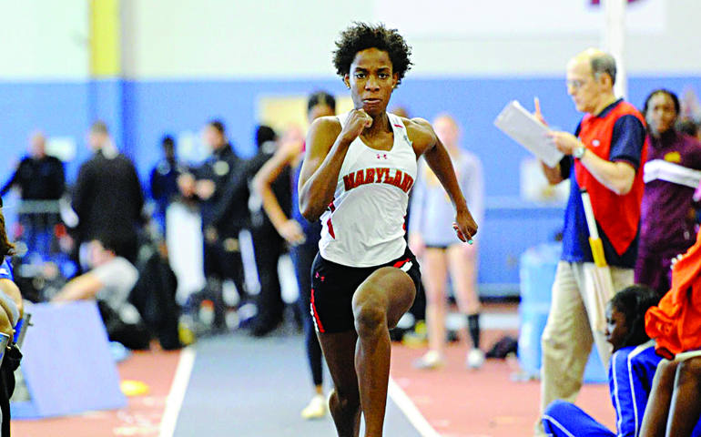 Olympian Thea LaFond participates in a track and field event for the University of Maryland in College Park, Md. A parishioner of St. John the Evangelist in Silver Spring, Md., she will represent her home country of Dominica at the 2016 Olympic Games in Rio de Janeiro. (CNS photo/courtesy University of Maryland)