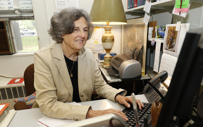 Phyllis Zagano, a senior research associate in the religion department at Hofstra University in Hempstead, N.Y., seen in her office Aug. 2. (CNS/Gregory A. Shemitz)