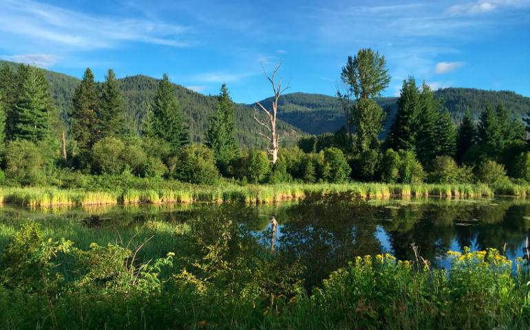 A pond and mountains are seen north of Sandpoint, Idaho, July 11. (CNS photo/Cindy Wooden)
