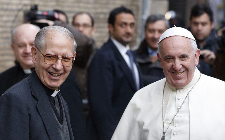 Fr. Adolfo Nicolas, superior general of the Society of Jesus, and Pope Francis in a 2014 file photo. (CNS/Paul Haring)
