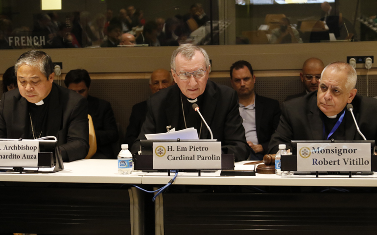 Cardinal Pietro Parolin speaks during a high-level side event Sept. 19 at the United Nations. Also pictured are Archbishop Bernardito Auza, left, and Msgr. Robert J. Vitillo. (CNS/Gregory A. Shemitz)