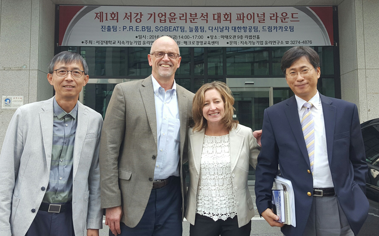 Young-Seok Park, Sogang University finance professor; David DeCosse; Ann Tenbrunsel, Gallo Professor of Business Ethics at the University of Notre Dame; and Juyoung Kim, dean of Sogang Business School, Sept. 23 in Seoul. (Provided photo)
