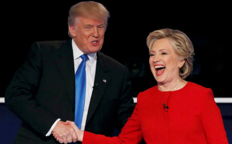 U.S. Republican presidential nominee Donald Trump and Democratic presidential nominee Hillary Clinton greet each other at the start of their first presidential debate Sept. 27 at Hofstra University in Hempstead, N.Y. (CNS photo/Mike Segar, Reuters)