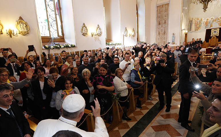 Pope Francis arrives for a meeting with priests, men and women religious and others in Tbilisi, Georgia, Oct. 1. (CNS/Paul Haring)