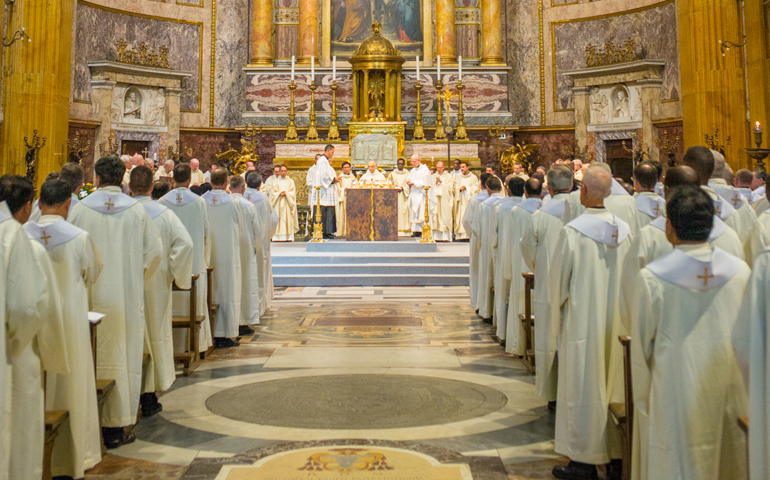 Jesuit delegates attend the opening Mass for the general congregation of the Society of Jesus at the Church of the Gesu in Rome Oct. 2, 2016. (CNS/Don Doll, SJ)
