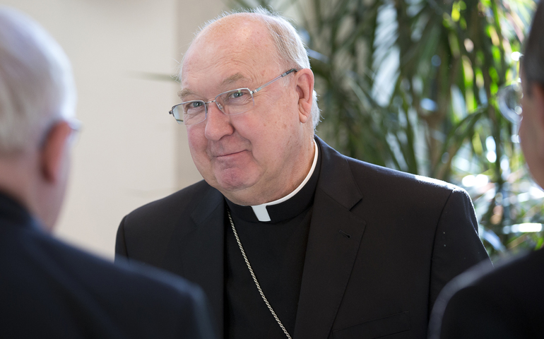 Bishop Kevin Farrell at the U.S. Conference of Catholic Bishops' building in Washington Sept. 13. (CNS/Tyler Orsburn)