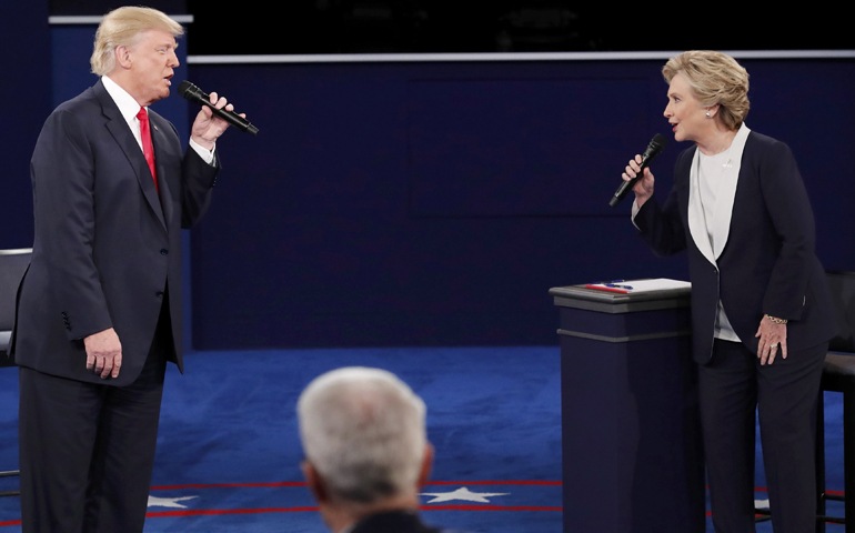 Donald Trump and Hillary Clinton speak during their Oct. 9 presidential debate at Washington University in St. Louis. (CNS/Jim Young, Reuters)